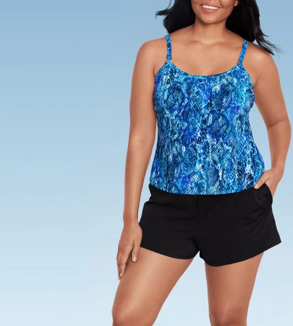 Trimshaper Farrah Tummy Control Full Coverage Swimsuit Romper Blue/Black 20W NWT